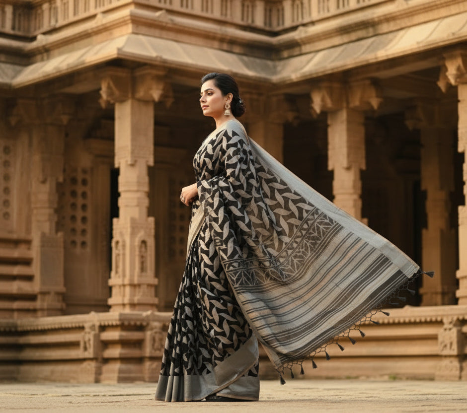 Women's litchi silk printed saree with unstitched blouse (black)