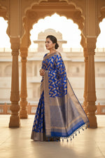 Load image into Gallery viewer, Women's Litchi silk Printed Saree With Unstitched Blouse (Blue)