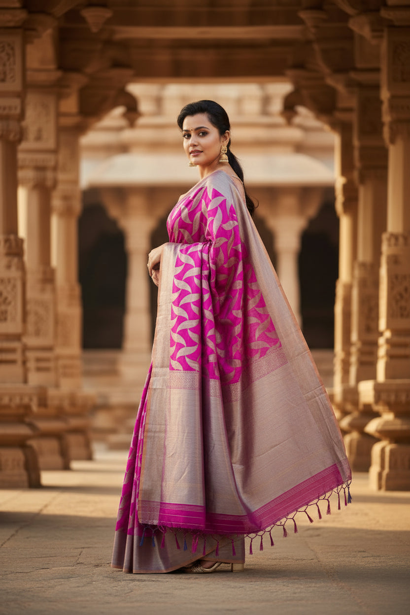 Women's litchi silk printed saree with unstitched blouse (pink)