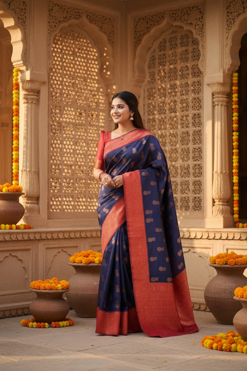 Women's litchi silk printed saree with unstitched blouse (blue) kashvii