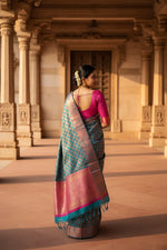 Load image into Gallery viewer, Women's Litchi silk Printed Saree With Unstitched Blouse (Blue) Kashvii