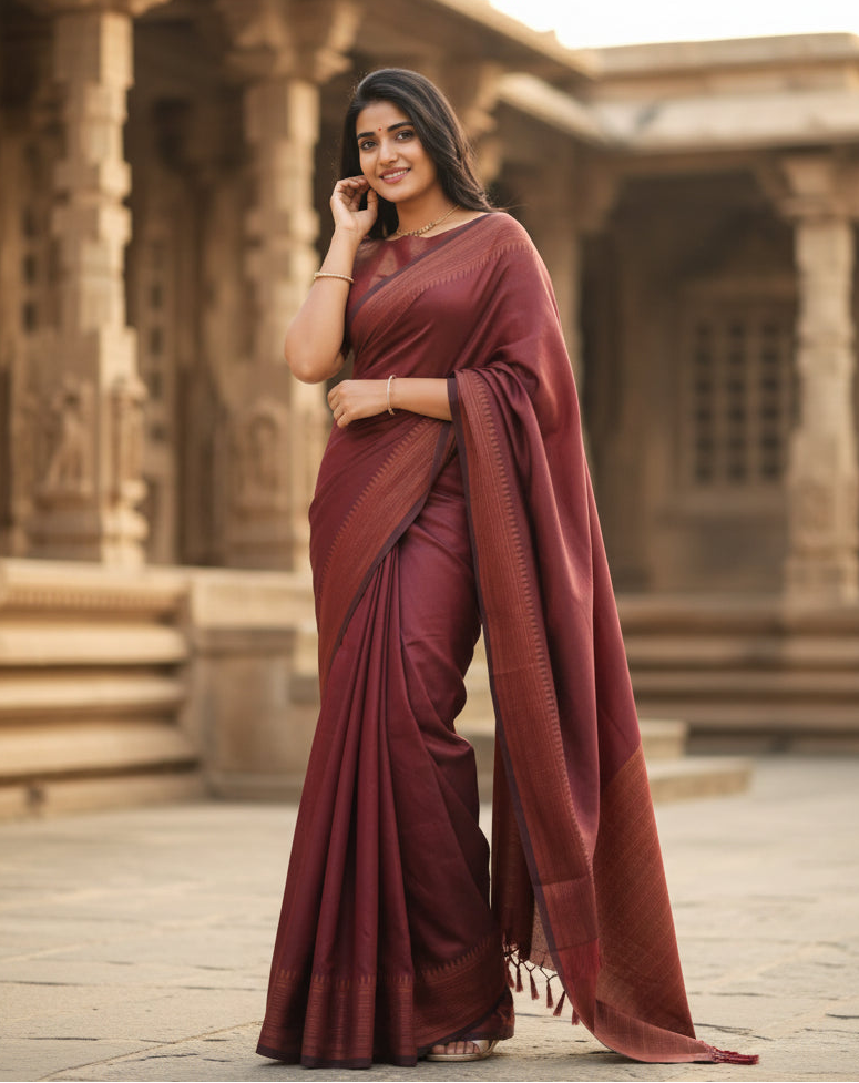 Women's litchi silk printed saree with unstitched blouse (maroon) kashvii