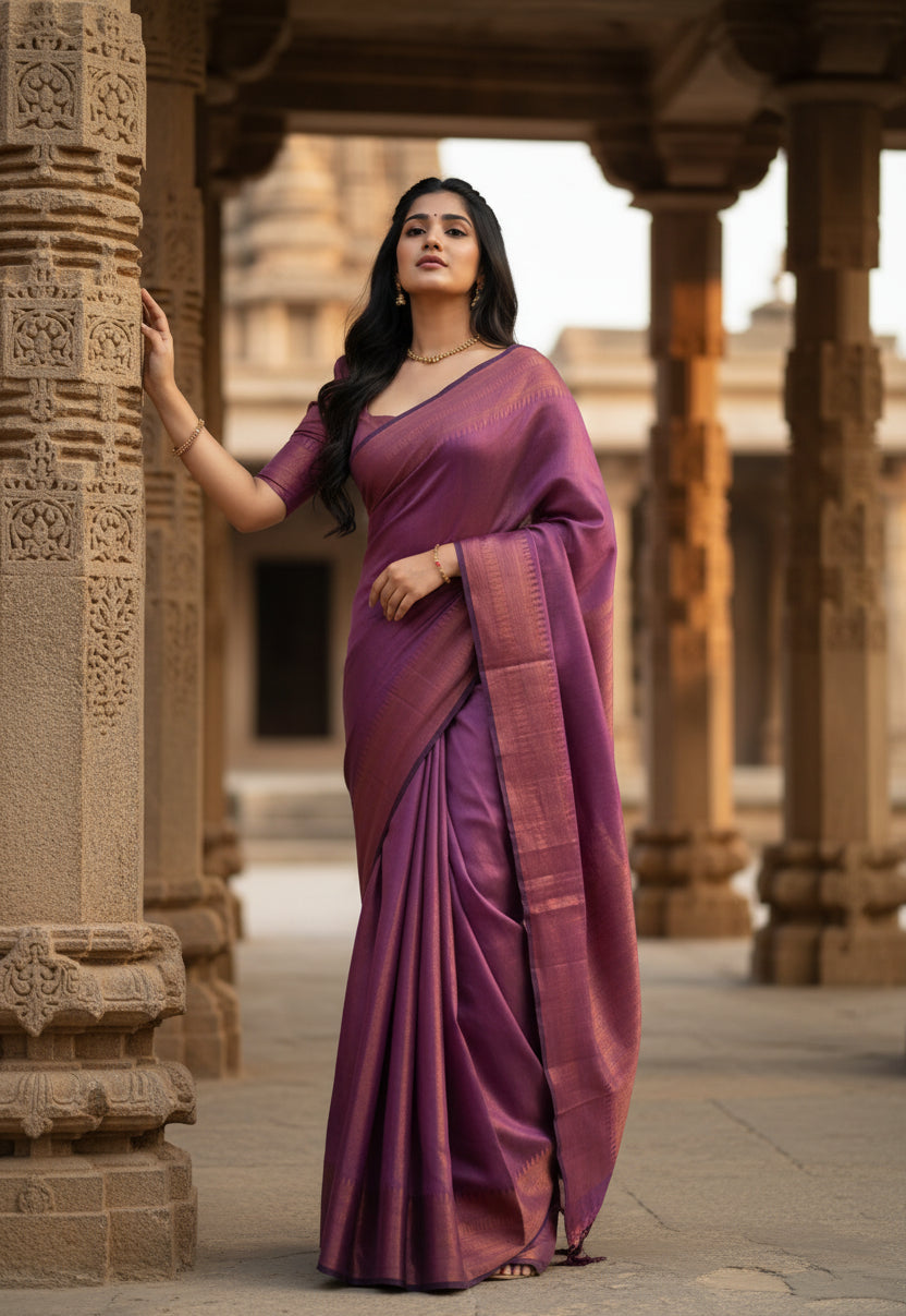 Women's litchi silk printed saree with unstitched blouse (purple) kashvii