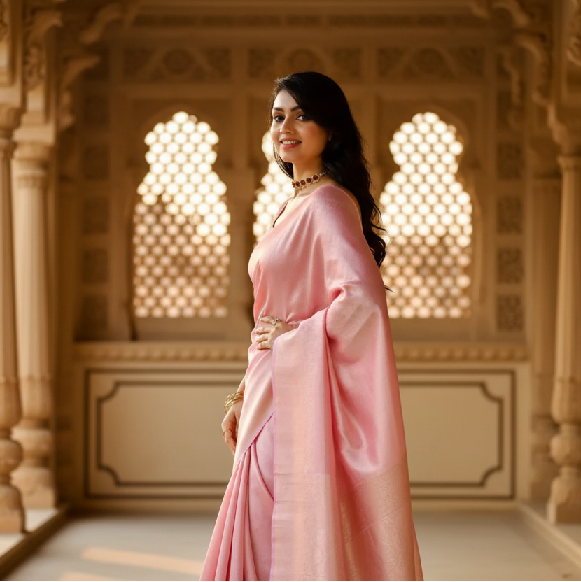 Women's litchi silk printed saree with unstitched blouse (light pink) kashvii