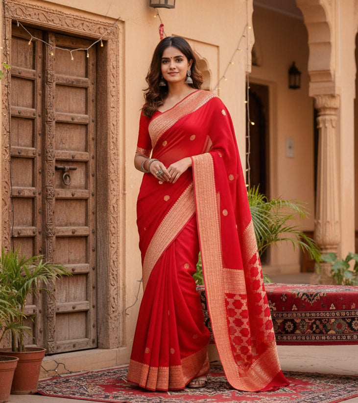 Women's litchi silk printed saree with unstitched blouse (red) kashvii