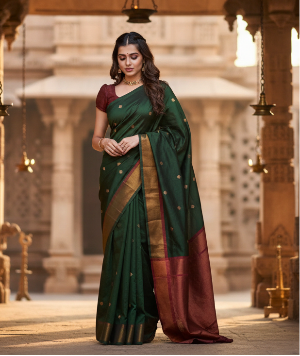 Women's litchi silk printed saree with unstitched blouse (dark green) kashvii