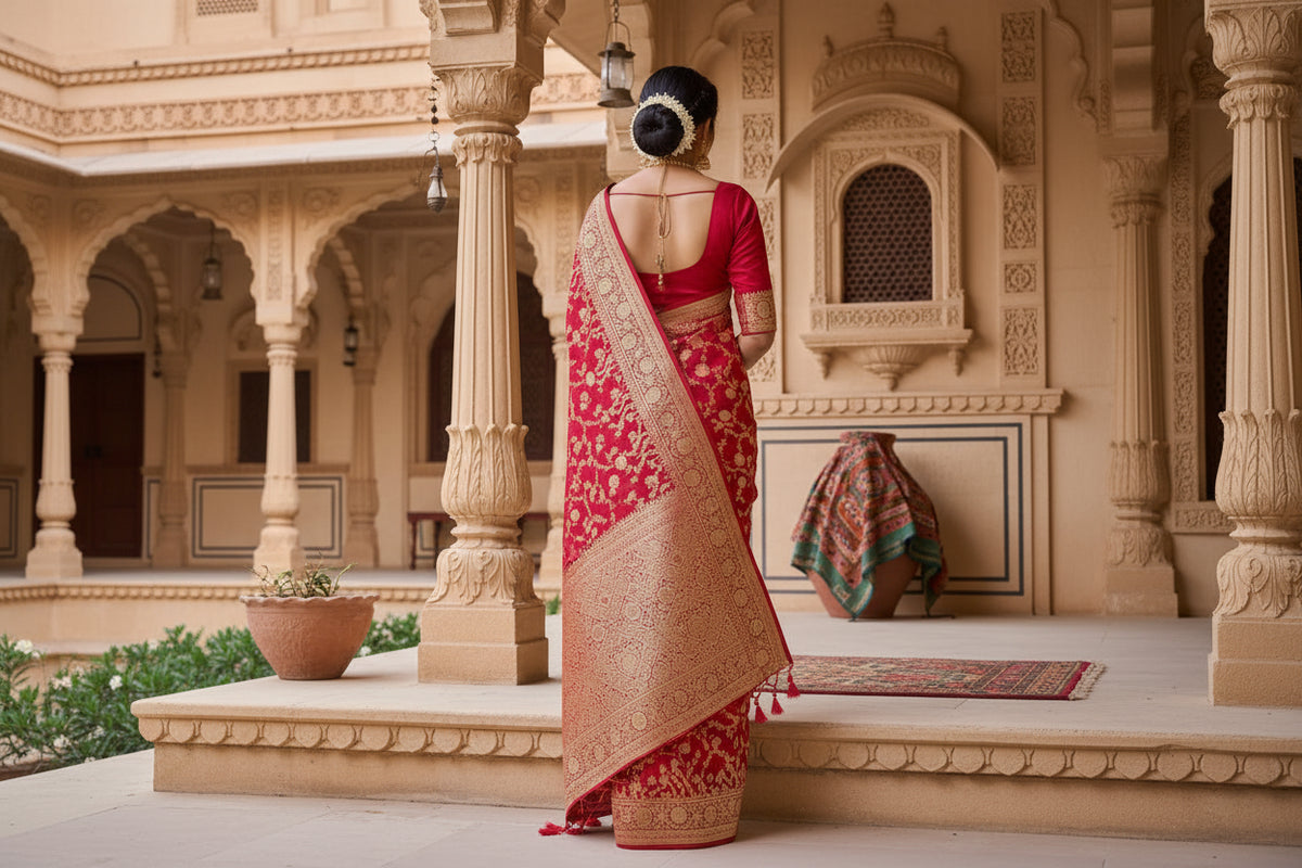 Women's litchi silk printed saree with unstitched blouse (red)