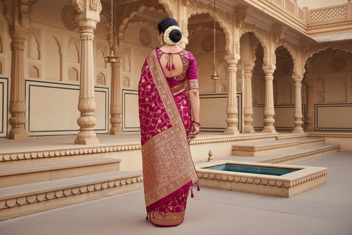 Women's litchi silk printed saree with unstitched blouse (magenta with pink)