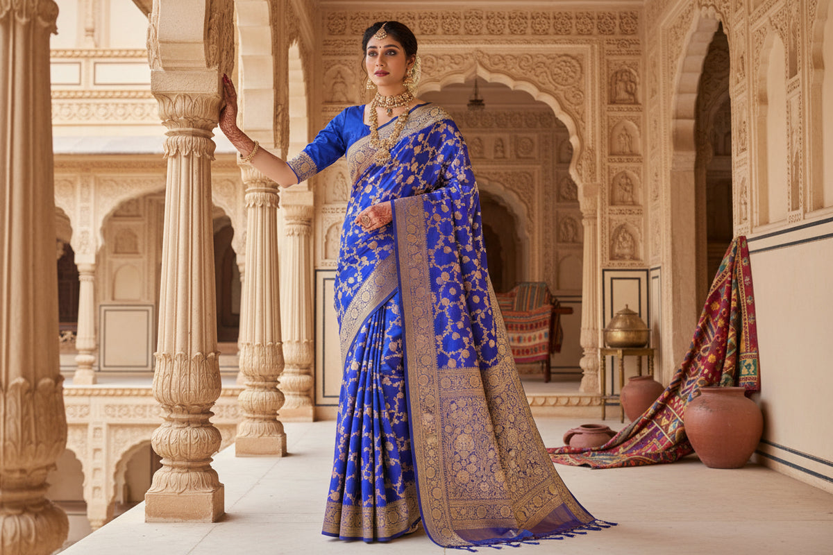 Women's litchi silk printed saree with unstitched blouse (navy blue) kashvii