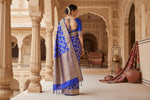 Load image into Gallery viewer, Women's Litchi silk Printed Saree With Unstitched Blouse (Navy Blue)