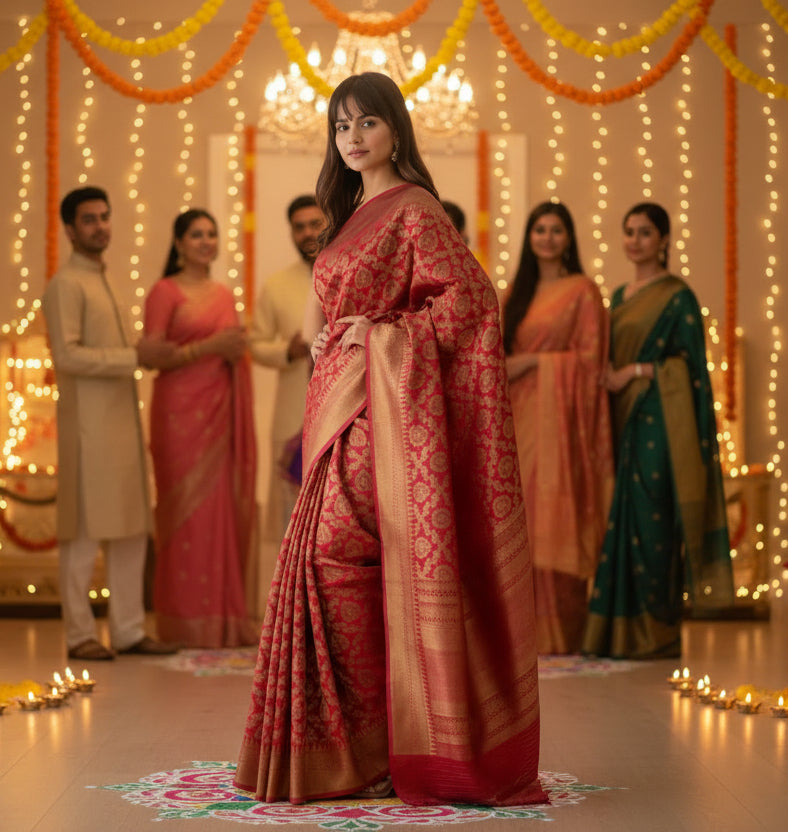 Women's litchi silk printed saree with unstitched blouse (red) kashvii