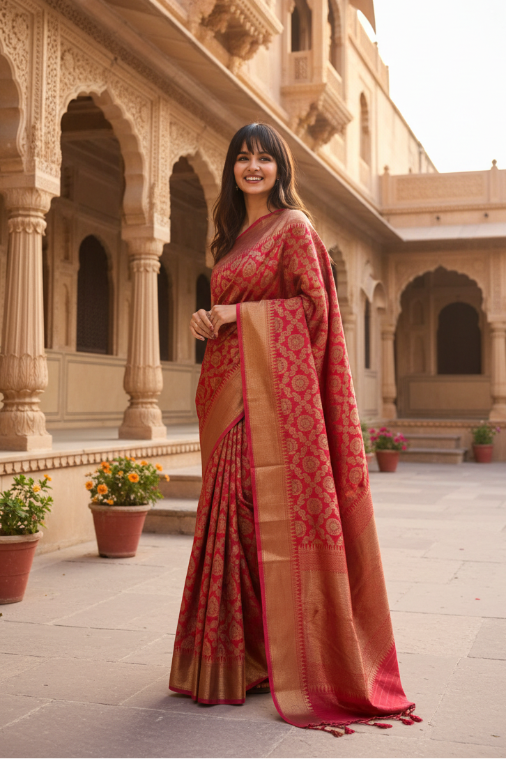 Women's litchi silk printed saree with unstitched blouse (red) kashvii
