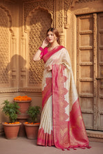 Load image into Gallery viewer, Women's Litchi silk Printed Saree With Unstitched Blouse (Half White) Kashvii