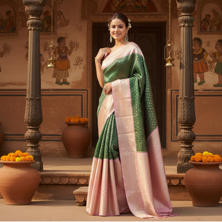 Women's litchi silk printed saree with unstitched blouse (green)