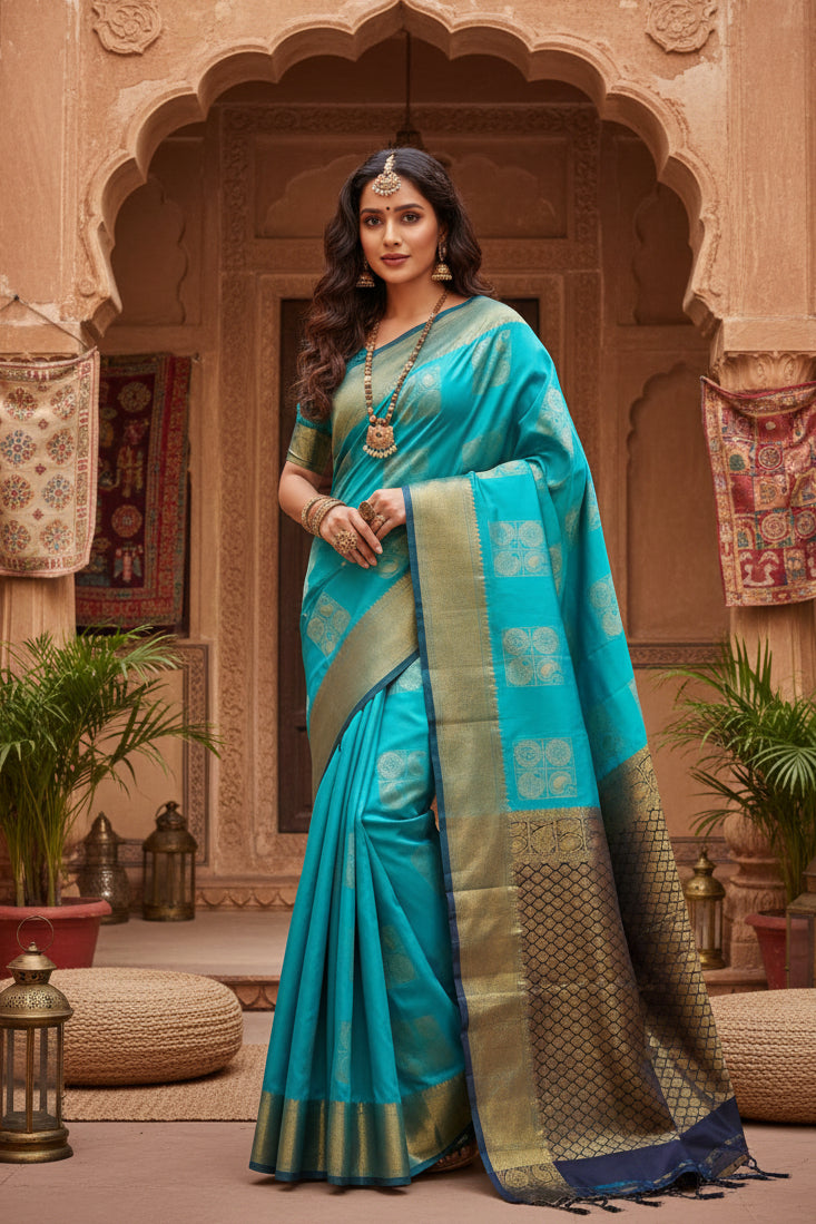 Women's litchi silk printed saree with unstitched blouse (light blue with black) kashvii