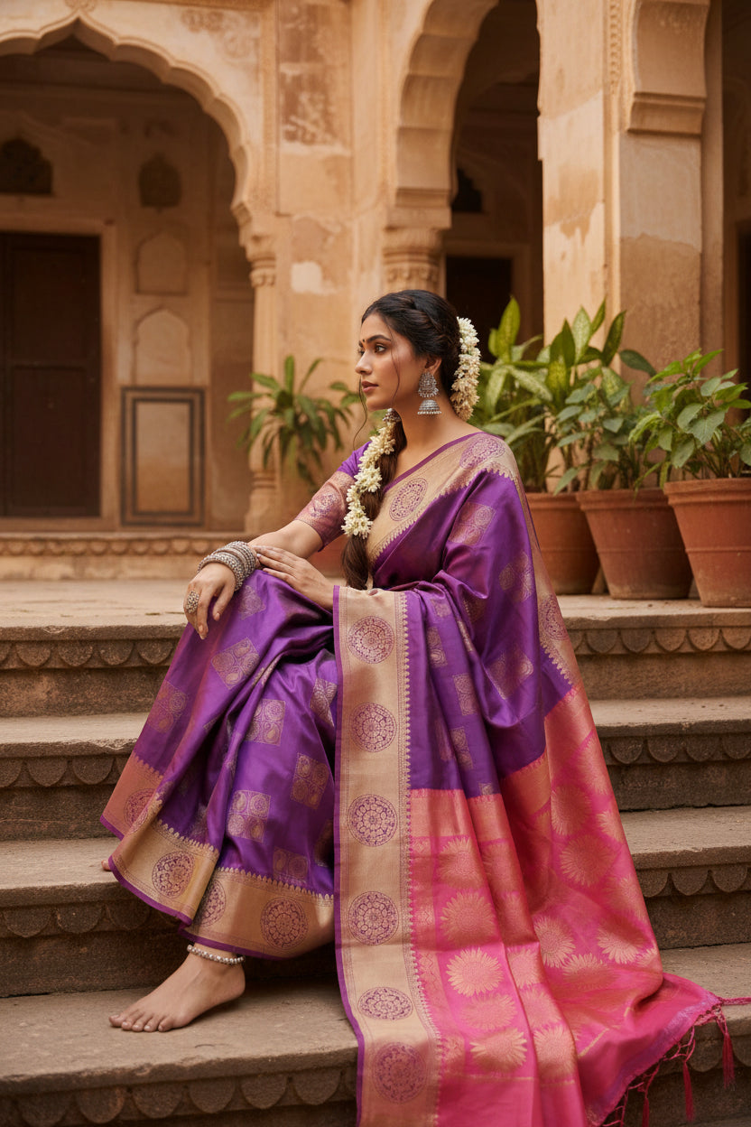 Women's litchi silk printed saree with unstitched blouse (magenta with pink) kashvii