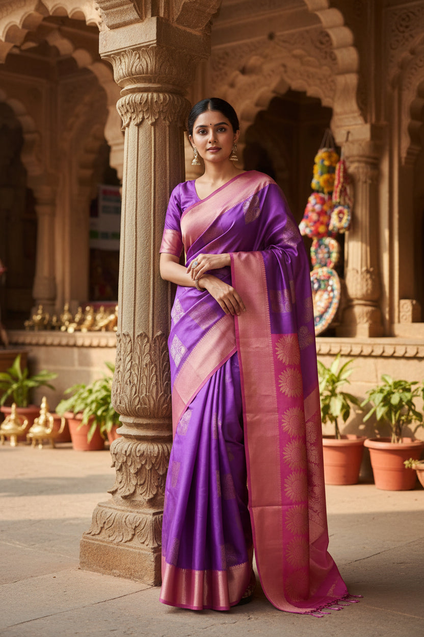 Women's litchi silk printed saree with unstitched blouse (magenta with pink) kashvii