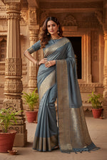 Load image into Gallery viewer, Women's Crepe Chit Pallu Solid Saree With Unstitched Blouse 5.5Mtr (Grey)