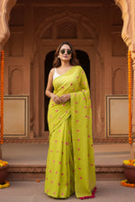 Load image into Gallery viewer, Women's Linen Printed Saree With Unstitched Blouse 5.5Mtr (Light Green)