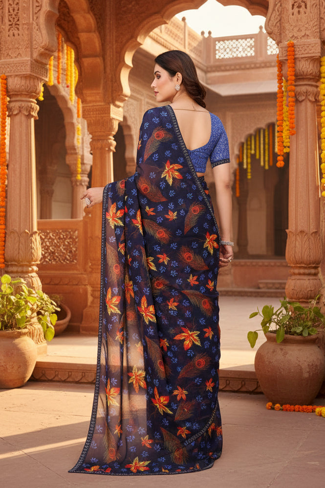 Women's georgette printed saree with unstitched blouse 5