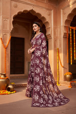 Load image into Gallery viewer, Women's Georgette Printed Saree With Unstitched Blouse 5.5Mtr (Brown)