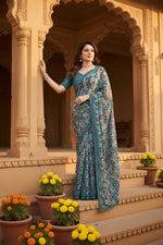 Load image into Gallery viewer, Women's Georgette Printed Saree With Unstitched Blouse 5.5Mtr (Sky Blue)