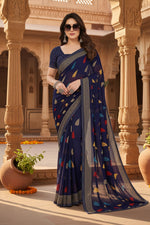 Load image into Gallery viewer, Women's Georgette Printed Saree With Unstitched Blouse 5.5Mtr (Navy Blue)