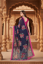 Load image into Gallery viewer, Women's Georgette Printed Saree With Unstitched Blouse 5.5Mtr (Blue)