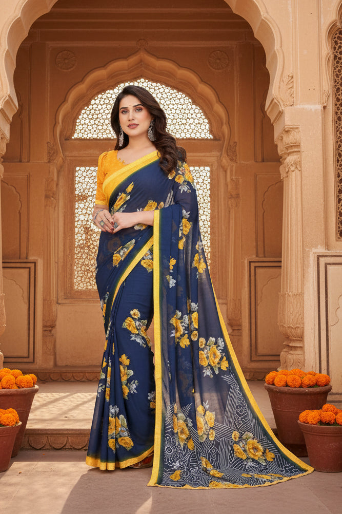 Women's georgette printed saree with unstitched blouse 5