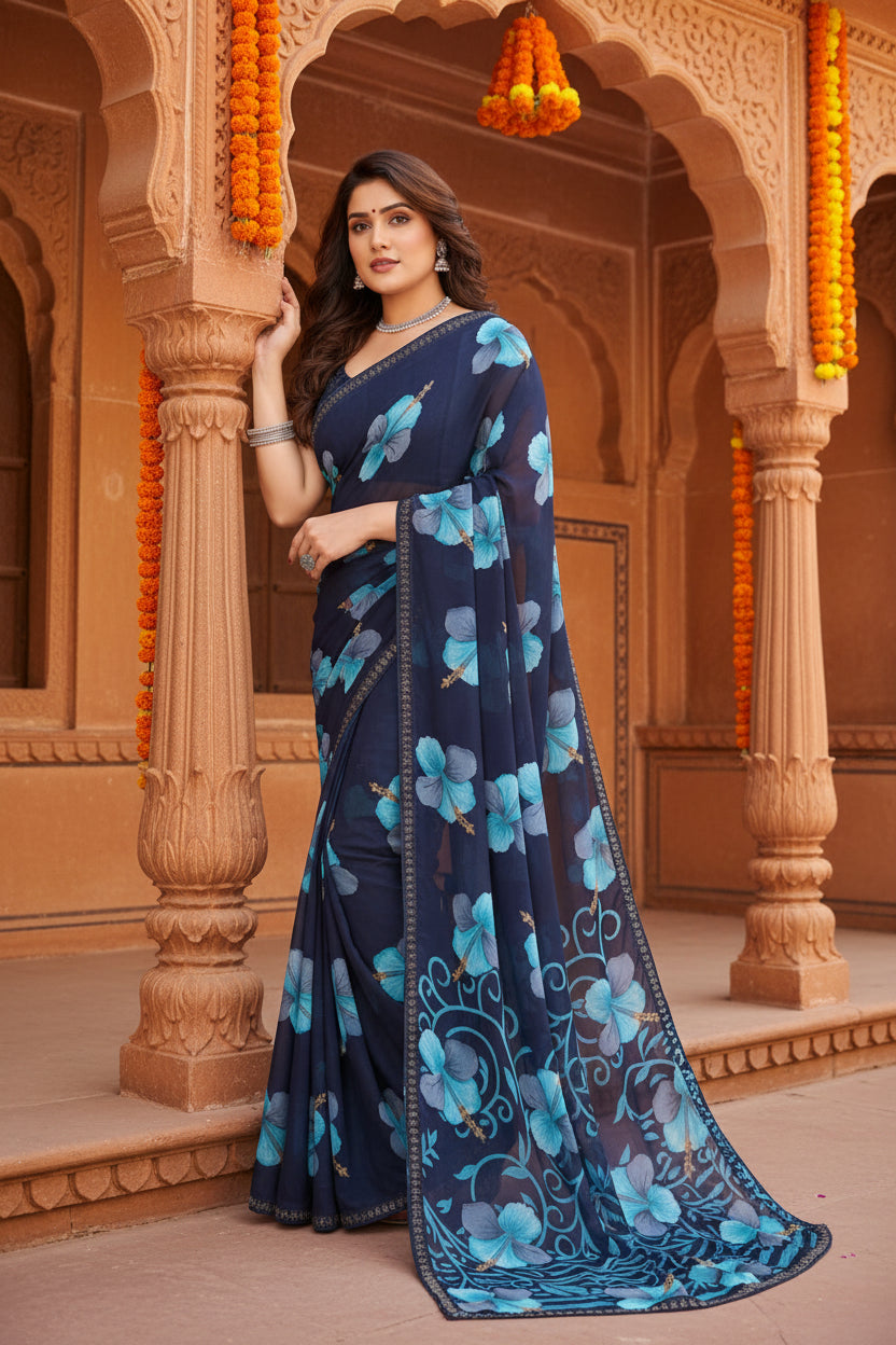 Women's georgette printed saree with unstitched blouse 5