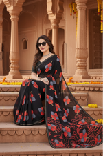 Load image into Gallery viewer, Women's Georgette Printed Saree With Unstitched Blouse 5.5Mtr (Black)