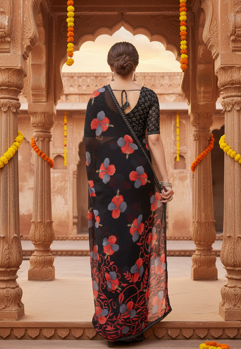 Women's georgette printed saree with unstitched blouse 5