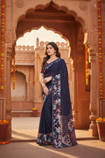 Load image into Gallery viewer, Women's Georgette Printed Saree With Unstitched Blouse 5.5Mtr (Navy Blue)