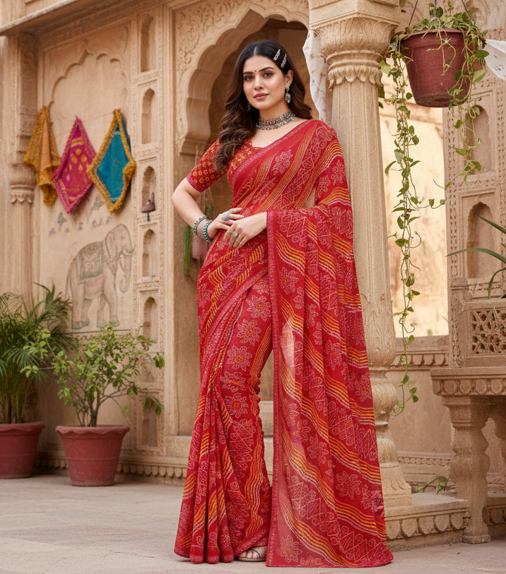 Georgette printed red saree kashvii