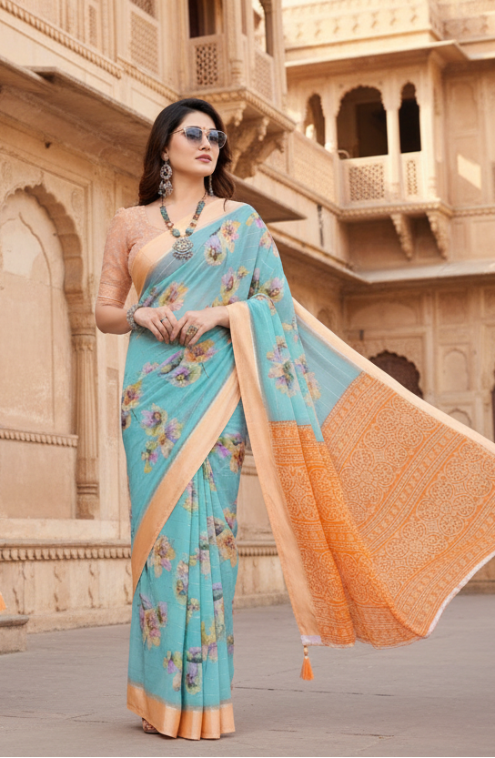 Women's georgette printed saree with unstitched blouse 5