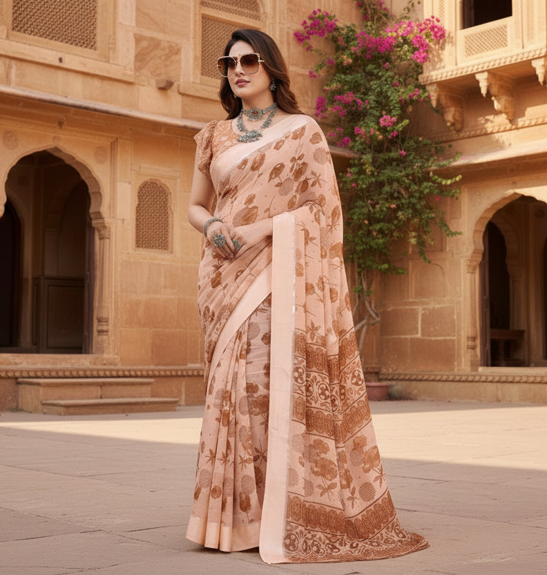 Pid 62614 generic women s georgette printed saree with unstitched blouse 5 5 mtr brown 1 1000x1000