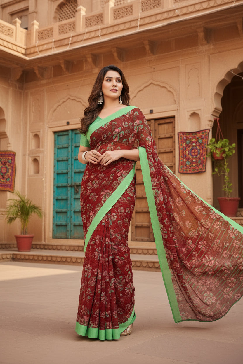 Women's georgette printed saree with unstitched blouse 5