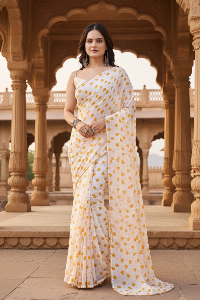 Georgette printed white yellow saree kashvii