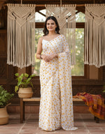 Load image into Gallery viewer, Georgette Printed White-Yellow Saree Kashvii