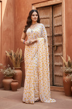 Load image into Gallery viewer, Georgette Printed White-Yellow Saree Kashvii