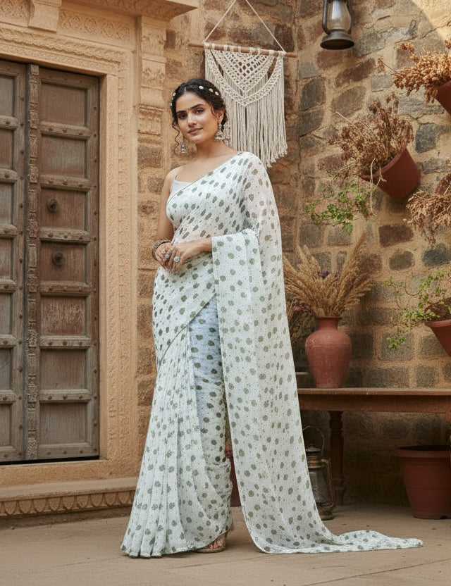Georgette printed white grey saree kashvii
