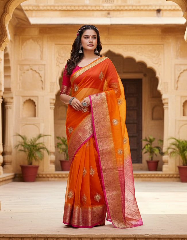 Women's organza jacquard embellished saree with unstitched blouse 5