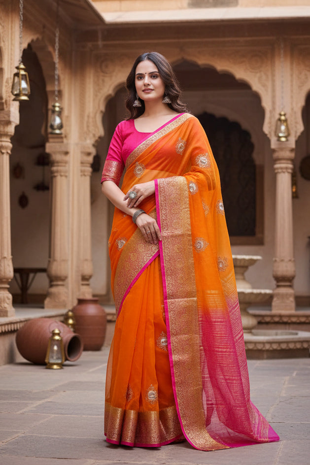 Women's organza jacquard embellished saree with unstitched blouse 5