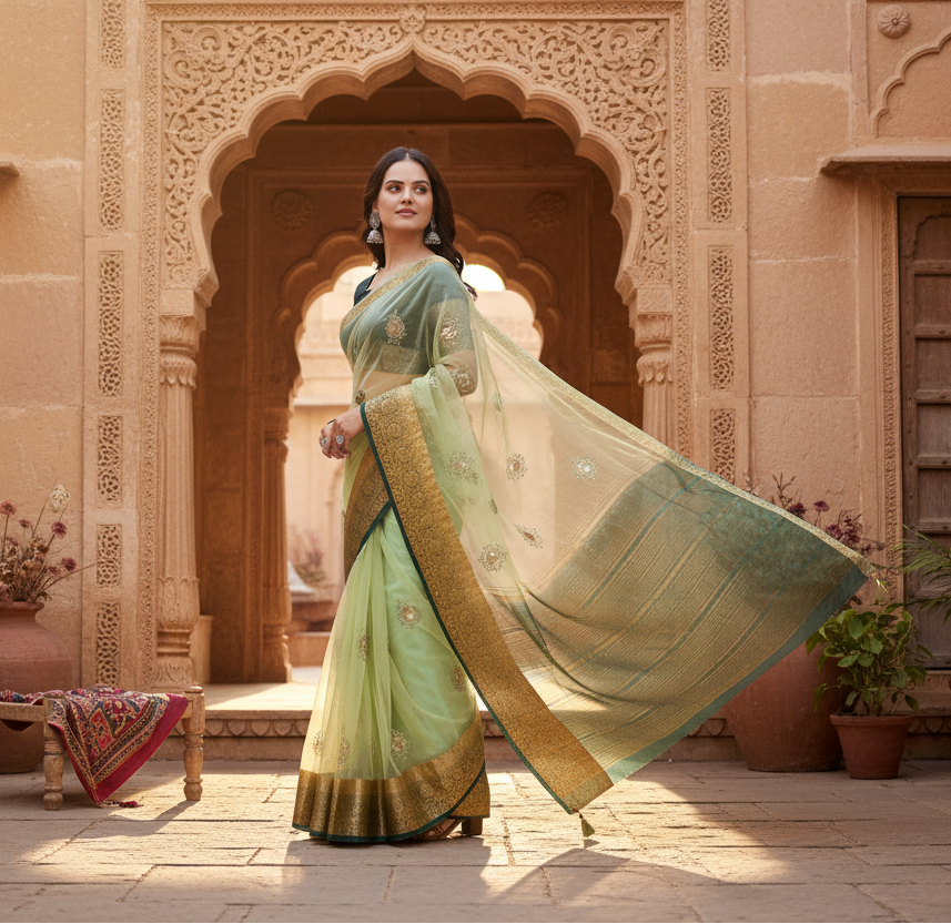 Organza jacquard embellished light green saree kashvii
