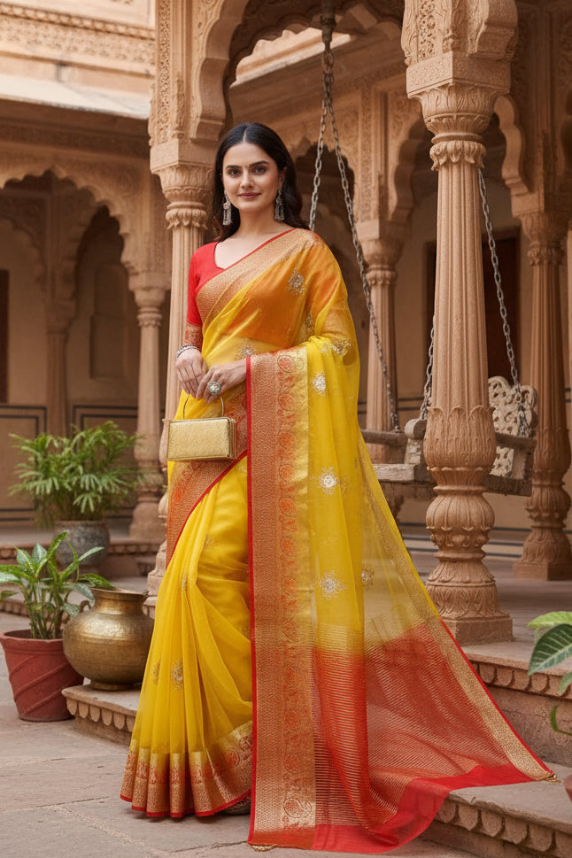 Organza jacquard embellished yellow saree kashvii