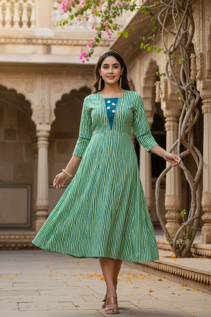 Rayon print with embroidery work a line rama kurti kashvii