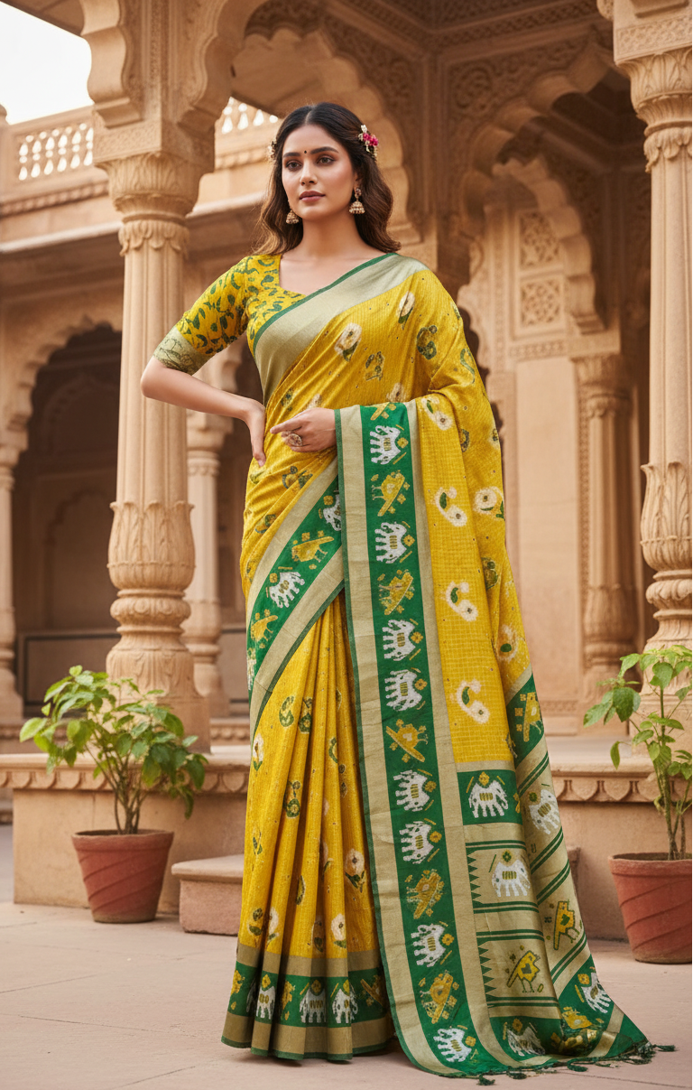 Soft litchi silk jacquard work yellow green saree kashvii