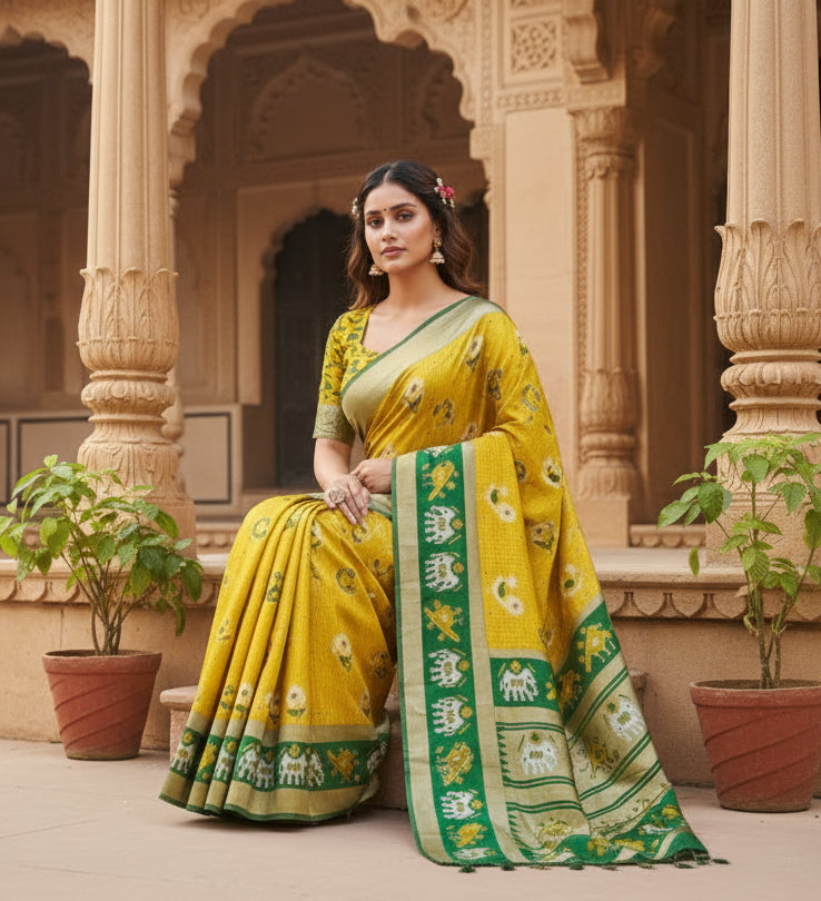Soft litchi silk jacquard work yellow green saree kashvii