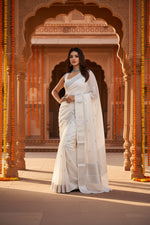 Load image into Gallery viewer, Women's Soft Lichi Silk Printed Saree With Unstitched Blouse 5.5Mtr (White)