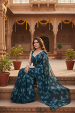 Load image into Gallery viewer, Women's Chiffon Printed Saree With Unstitched Blouse 5.5Mtr (Blue)